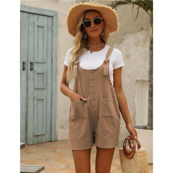 Women's Casual Cotton Linen Rompers Overalls Jumpsuit Brown - Picture 4 of 6